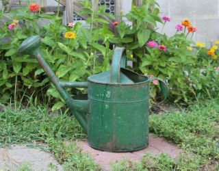 Antique Early 20thc Green Paint Galvanized Tin Metal Watering Can
