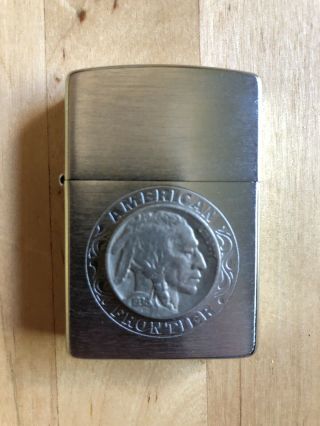 1995 Zippo—engraved “american Frontier” W/ 1936 Indian Head Nickel Unstruck