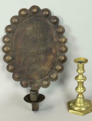 A Rare 18th C American Tin " Ball " Decorated Candle Sconce In Great Old Patina