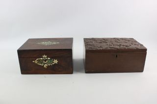 2 X Antique / Vintage Decorative Wooden Boxes Inc Abalone Shell Inlay,  Carved