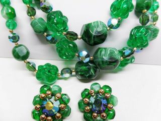 Fabulous Vintage Green Lucite & Ab Crystal Triple Strand Beaded Necklace Set
