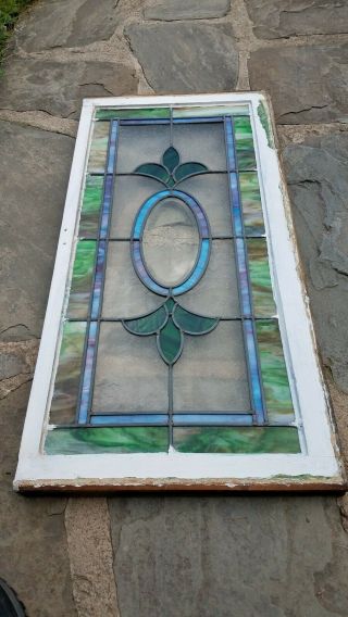 ANTIQUE STAINED GLASS WINDOW,  BEVELED ETCHED CENTERPIECE,  PA COAL TOWN 1920s 3