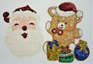 Santa & Teddy Bear Sequin Beaded Applique Craft Christmas Holiday Xmas Vtg 80s