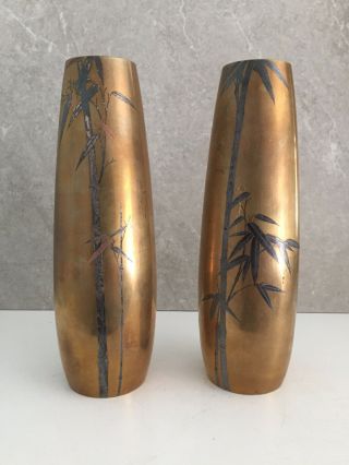 2 Antique Bronze Mixed Metal Inlaid Vases Japanese Signed Bamboo Motif Vgc