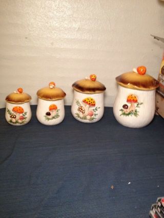 Vintage Sears Roebuck Set Of 4 Merry Mushroom Ceramic Canisters 1976 (bc2)