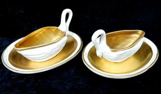 Antique Pair Sevres French Bisque Porcelain Swan Figural Sauce Boat Underplate