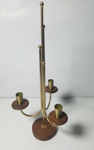 Mid Century Modern Vintage Wood Brass Atomic Candlestick Holder