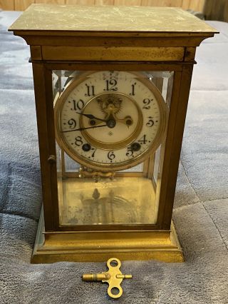 Antique Ansonia Brass Mantle Clock Pendulum/glass With Key - For Repair