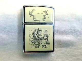 Zippo White Sailing Ship And Lighthouse Scrimshaw Zippo Lighter 1993 Date Code