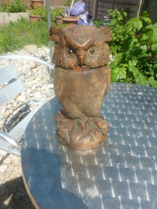 Antique Carved Wood Black Forest Tobacco Jar In The Form Of An Owl