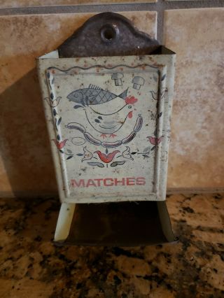 Vintage Retro Metal Match Stick Holder Wall Mount Tin W/rooster And Fish