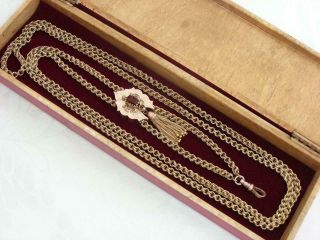 Huge Antique Victorian 10k Gold Gf Pearl & Garnet Slide Chain Tassel Necklace