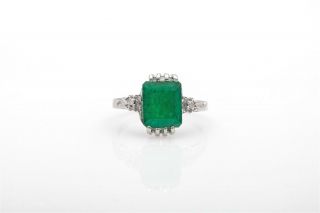 Antique 1940s Retro $4000 3ct Colombian Emerald Diamond 14k White Gold Ring