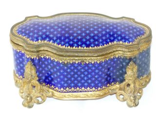 Rare Large Antique French Tahan Blue Kiln Fired Enamel Table Box / Casket