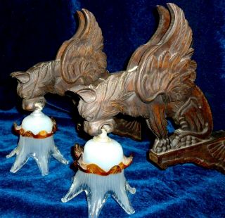 Pair Large Antique French Neo Gothic Winged Chimera Dragon Carved Wood Sconces