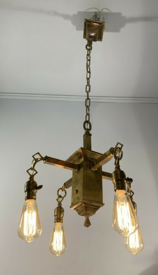 Antique Vtg Arts & Crafts Chandelier Light Fixture Brass Rewired Bare Bulb