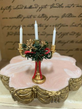 Vintage Miniature Dollhouse Festive Decorated Brass Table Candelabra Christmas