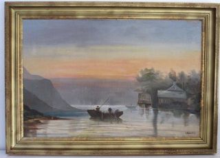 Antique Fine Lake George Ny Scene Landscape Oil Painting,  Large,  By Rosenthal