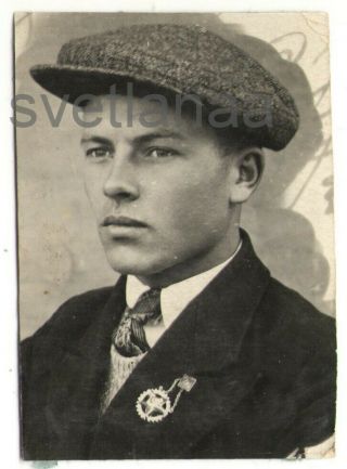 1939 Young Man With Cap Military Badge Pin Handsome Guy Boy Soviet Vintage Photo