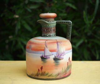 Antique Nippon Whiskey Jug - Hand Painted Moriage Porcelain - Boat & Ocean Scene