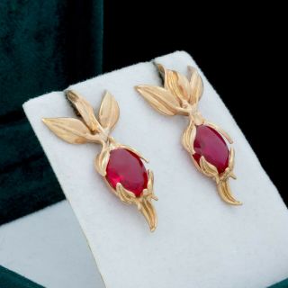 Antique Vintage Deco Retro 14k 18k Yellow Gold 15.  14 Cts Ruby Foliate Earrings