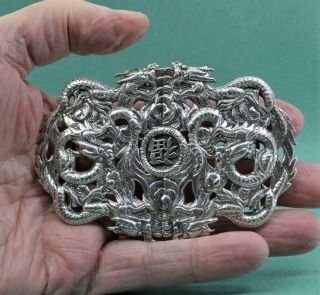 Antique Chinese Export Silver Dragon Belt Buckle Outstanding Example 10 Cm X 7.  5
