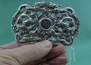 antique Chinese Export Silver Dragon Belt Buckle Outstanding Example 10 cm x 7.  5 2