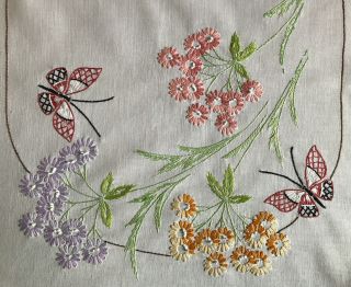 Vintage Runner Dresser Scarf Hand Embroidered Butterflies & Flowers