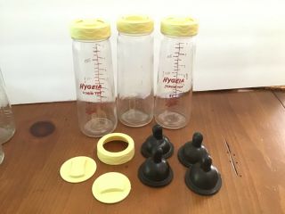 3 Vintage Baby Bottles Hygeia Caps Nipples Glass