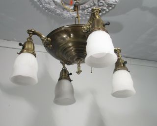 Antique Vintage Chandelier Brass 4 Light Pan With Opaque White Glass Shades