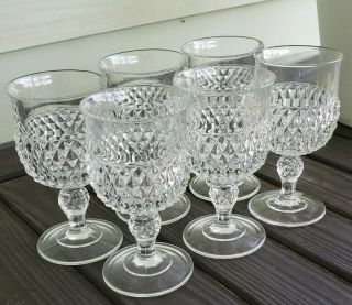 6 - Vintage Indiana Glass Diamond Point Clear 10 Oz Water Goblets 6.  5 " Tall