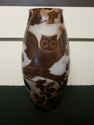 Stunning & Rare Antique Henri Muller Croismare Cameo Owl Glass Vase C.  1900 - 1918