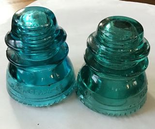 2 Vintage Teal Aqua Blue Green Hemingray 42 Glass Insulators Ripple Edge