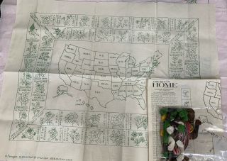 Vintage American Home Usa State Flower Map Embroidery Kit 26”x22” Belgian Linen