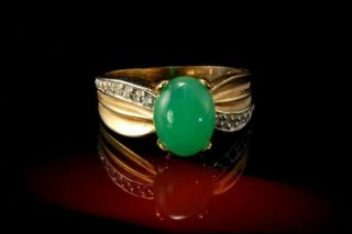 Vintage Chinese Apple Green Jade Cabochon Diamond 14k Gold Ring A807 - 23