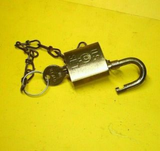 Vintage Military US SET Eagle Lock / Brass Padlock w/ 1 Key and Chain All Brass 3