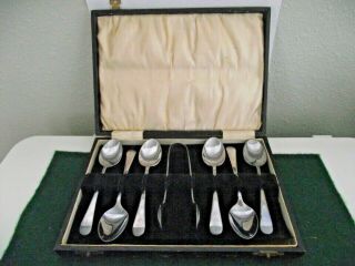 Antique / Vintage Epns Silver Plate Tea Spoons With Sugar Prong Set In Case