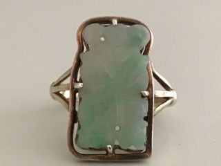 Vintage Chinese Silver Carved Jade Jadeite? Adjustable Ring