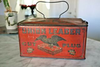 Antique 1900s Union Leader Cut Plug Smoking Chewing Tobacco Tin Box