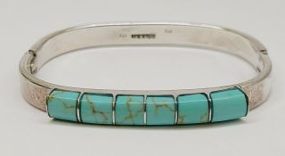 Vintage Taxco Mexico Sterling Silver And Turquoise Hinged Bangle Bracelet 28 Gr