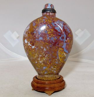 3.  25 " Chinese Oregon Moss Agate Stone Snuff Bottle With Metal Top & Wood Stand