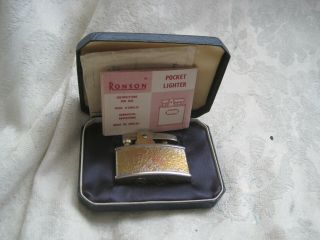 Boxed Vintage Metal Ronson Pocket Lighter In Chrome Engine Turned Smoking