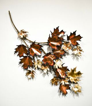 Mid Century Curtis Jere Mixed Metal Maple Leaves Branch Wall Sculpture,  Signed