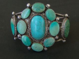 Large Antique Navajo Silver And Turquoise Cluster Bracelet