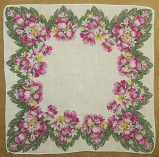 Vtg Hanky Handkerchief White With Purple & Yellow Flower Ring Green Leaves Bla