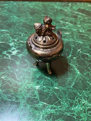 Antique Vintage Asian Chinese Bronze Incense Burner Censer W/ Lid