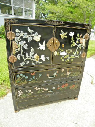 Antique Asian Chinese Black Lacquer Cabinet W/ Drawers,  Stone Inlay -
