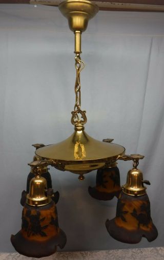 Antique Arts & Crafts Brass Pan 4 Light Fixture With Raised Flower Glass Shades