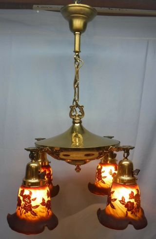 Antique Arts & Crafts Brass Pan 4 Light Fixture with Raised Flower Glass Shades 2