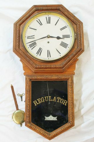 Old Antique Oak Waterbury Regulator 8 Day Wall Clock W/ Key & Pendulum Runs